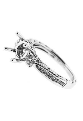 3 Stone Look Round Diamonds Filigree and Miligrain Sides Semi Mount Engagement Ring 18kt White Gold