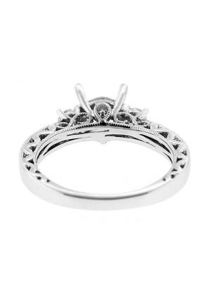 3 Stone Look Round Diamonds Filigree and Miligrain Sides Semi Mount Engagement Ring 18kt White Gold