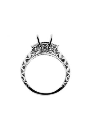 3 Stone Look Round Diamonds Filigree and Miligrain Sides Semi Mount Engagement Ring 18kt White Gold