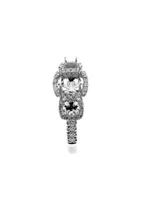 3 Stone Halo Single Row Shank Diamond Engagement Ring Semi Mount
