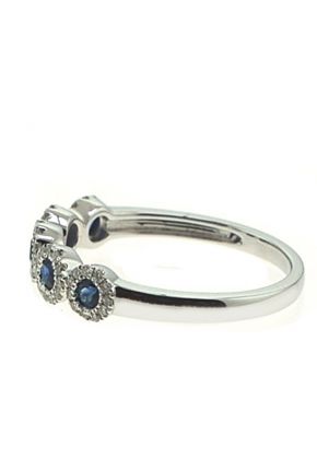 5 Stone Sapphire Ring with Diamond Halos Around Each in 18K White Gold