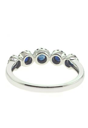5 Stone Sapphire Ring with Diamond Halos Around Each in 18K White Gold