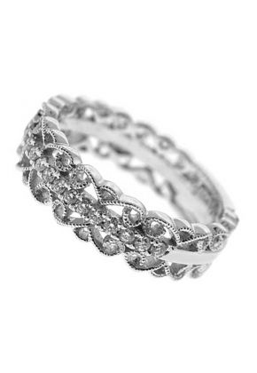 Milgrain Filigree Band with Round Diamonds in Between Set in 18k White Gold