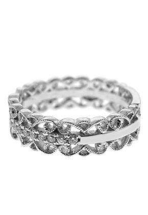 Milgrain Filigree Band with Round Diamonds in Between Set in 18k White Gold