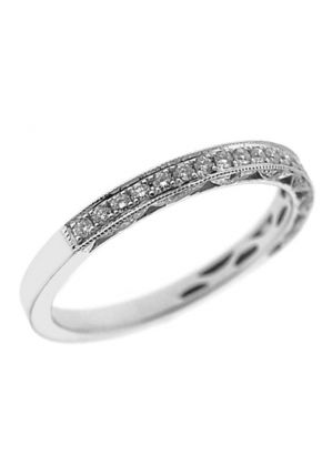 Milgrain Engraved Three Side Band with Micro-Prong Set Round Diamonds and Triangular Openwork in 18k White Gold