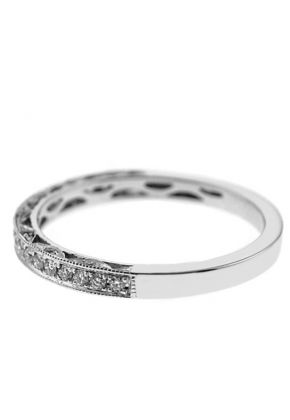 Milgrain Engraved Three Side Band with Micro-Prong Set Round Diamonds and Triangular Openwork in 18k White Gold