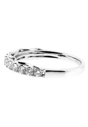 Single Row Band with Wavy Milgrain Design and Round Diamonds Set in 18k White Gold