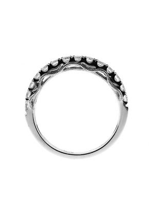 Single Row Band with Wavy Milgrain Design and Round Diamonds Set in 18k White Gold