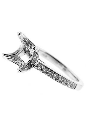 Four Prong Head with Diamonds, Single Row Shank, Diamond Engagement Semi Mount White Gold Ring