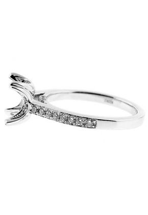 Four Prong Head with Diamonds, Single Row Shank, Diamond Engagement Semi Mount White Gold Ring