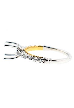 White Gold with Yellow Gold Accent Beading, Single Row Diamond Engagement Semi Mount Ring