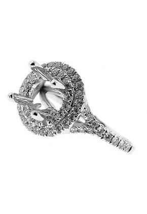Double Halo, Split Raised Shank, Diamond Engagement Semi Mount White Gold Ring