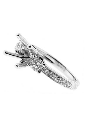 Three Stone Look, Diamond and Hand Engraved Shank, Diamond Engagement Semi Mount White Gold Ring Setting