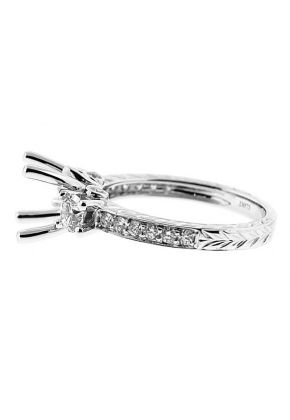 Three Stone Look, Diamond and Hand Engraved Shank, Diamond Engagement Semi Mount White Gold Ring Setting