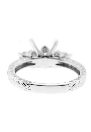 Three Stone Look, Diamond and Hand Engraved Shank, Diamond Engagement Semi Mount White Gold Ring Setting