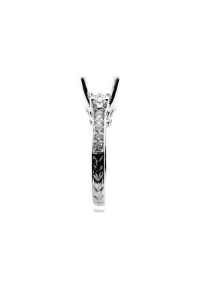 Three Stone Look, Diamond and Hand Engraved Shank, Diamond Engagement Semi Mount White Gold Ring Setting