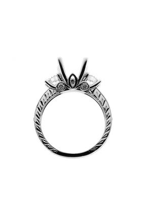 Three Stone Look, Diamond and Hand Engraved Shank, Diamond Engagement Semi Mount White Gold Ring Setting