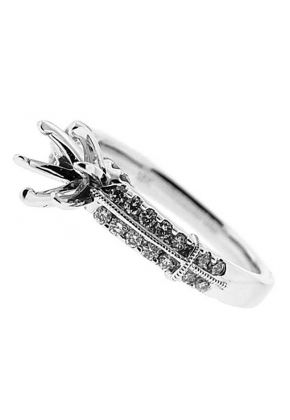 Double Row With Miligrain Design Center, Diamond Engagement Semi Mount White Gold Ring Setting