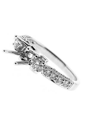 3 Stone Look, 3 Sided Diamond Shank, MIligrained Detail, Diamond Engagement Semi Mount White Gold Ring Setting