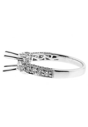 3 Stone Look, 3 Sided Diamond Shank, MIligrained Detail, Diamond Engagement Semi Mount White Gold Ring Setting