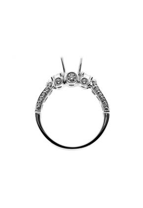 3 Stone Look, 3 Sided Diamond Shank, MIligrained Detail, Diamond Engagement Semi Mount White Gold Ring Setting