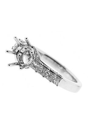 Prong Set Princess Diamonds, Side Profile Trimmed with Round Diamonds, Engagement Semi Mount White Gold Ring Setting