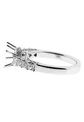 Prong Set Princess Diamonds, Side Profile Trimmed with Round Diamonds, Engagement Semi Mount White Gold Ring Setting