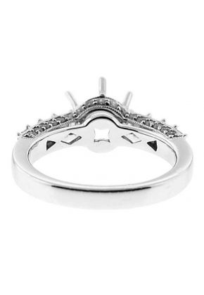 Prong Set Princess Diamonds, Side Profile Trimmed with Round Diamonds, Engagement Semi Mount White Gold Ring Setting