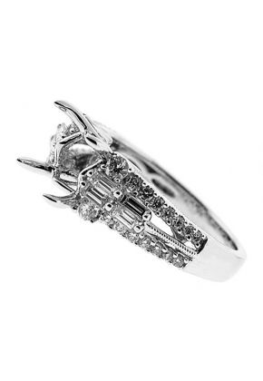 Round Diamonds Split Shank Enriched with Baguettes, Diamond Engagement Semi Mount White Gold Ring Setting
