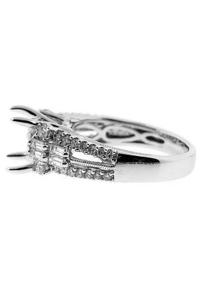 Round Diamonds Split Shank Enriched with Baguettes, Diamond Engagement Semi Mount White Gold Ring Setting