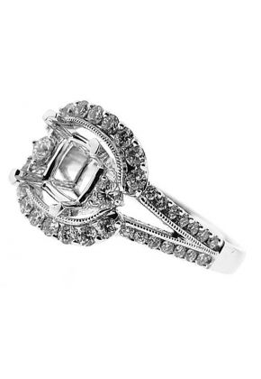 Split Shank continuous to square Halo, Miligrain, 3 stone Look, Diamond Engagement Semi Mount White Gold Ring Setting