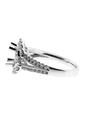 Split Shank continuous to square Halo, Miligrain, 3 stone Look, Diamond Engagement Semi Mount White Gold Ring Setting