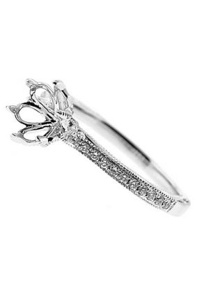 Thin, Preset Diamonds, Filigree Sides, Flower Shape Crown Head, Diamond Engagement Semi Mount White Gold Ring Setting
