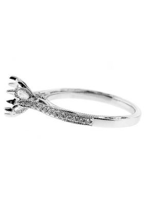 Thin, Preset Diamonds, Filigree Sides, Flower Shape Crown Head, Diamond Engagement Semi Mount White Gold Ring Setting