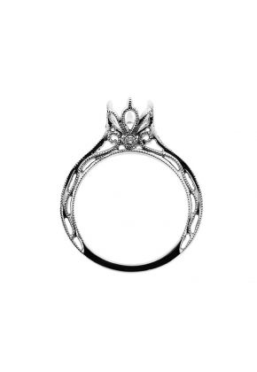 Thin, Preset Diamonds, Filigree Sides, Flower Shape Crown Head, Diamond Engagement Semi Mount White Gold Ring Setting