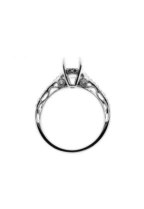 Single Row Preset Diamonds, Filigree Sides, Diamond Engagement Semi Mount White Gold Ring Setting
