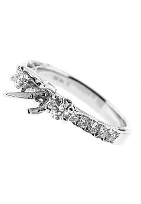 3 Stone Look, Diamonds on Shank, Filigree Side Profile, Diamond Engagement Semi Mount White Gold Ring Setting