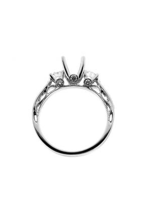 3 Stone Look, Diamonds on Shank, Filigree Side Profile, Diamond Engagement Semi Mount White Gold Ring Setting