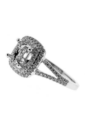 Double Square Halo Split Shank, Diamond Engagement Semi Mount White Gold Ring Setting