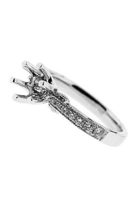 Single Row, Slight Graduation, 6 Prong Head, Filigree Side Profile, Diamond Engagement Semi Mount White Gold Ring Setting