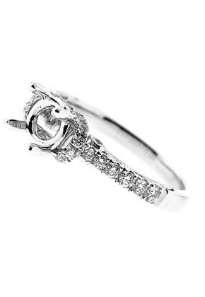Single Row Adorned by half Halo Crown, Milligrained Filigree Side Profile, Diamond Engagement Semi Mount White Gold Ring Setting