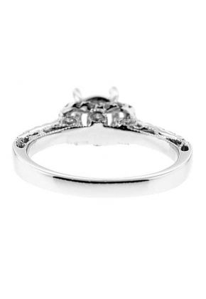 Single Row Adorned by half Halo Crown, Milligrained Filigree Side Profile, Diamond Engagement Semi Mount White Gold Ring Setting