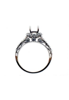 Single Row Adorned by half Halo Crown, Milligrained Filigree Side Profile, Diamond Engagement Semi Mount White Gold Ring Setting