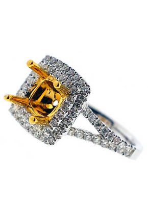 Double Square Halo for Fancy Yellow Diamond Center, Split Shank, Diamond Engagement Semi Mount White Gold Ring Setting