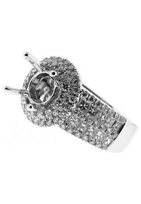 Double Halo Center, 5 Row Sides 1.53 TCW Diamonds Semi Mount Engagement Ring 18kt White Gold
