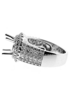 Double Halo Center, 5 Row Sides 1.53 TCW Diamonds Semi Mount Engagement Ring 18kt White Gold