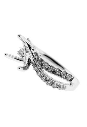Semi-Mount Wavy Split Shank Engagement Ring with Prong Set Round Diamonds and Beaded Milgrain in 18k White Gold