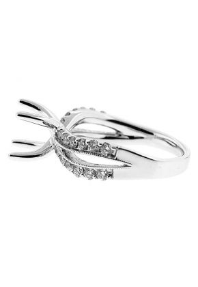 Semi-Mount Wavy Split Shank Engagement Ring with Prong Set Round Diamonds and Beaded Milgrain in 18k White Gold