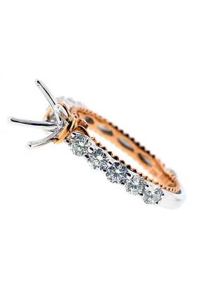 Semi-Mount Two Tone Engagement Ring with Prong Set Diamonds in 18k White Gold and Beaded Milgrain in 18k Rose Gold