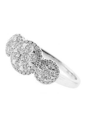 3 Stone Right Hand Fashion Ring with Clusters of Diamonds Surrounded by Diamond Halos in 18K White Gold